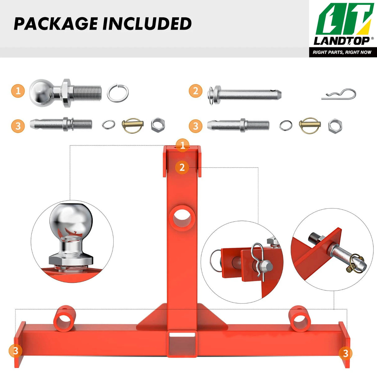 3000LBS 3 Point Gooseneck Trailer Hitch with 2" Receiver Hitch & Trailer Ball Drawbar for Category 1 Tractors