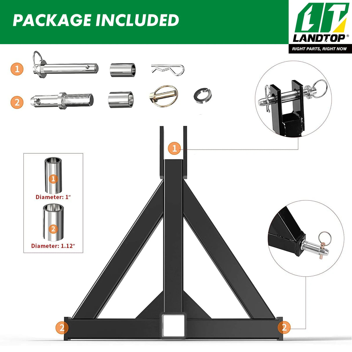 Durable 3 Point 2" Receiver Trailer Hitch Drawbar Adapter Category 1 Tractor Black