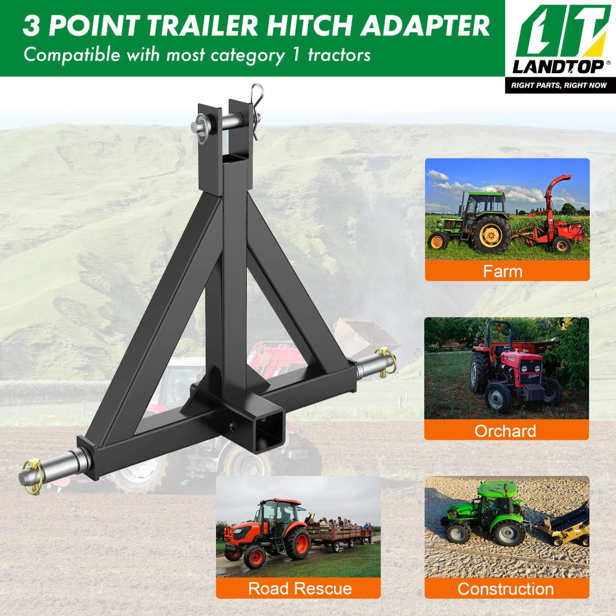 Durable 3 Point 2" Receiver Trailer Hitch Drawbar Adapter Category 1 Tractor Black