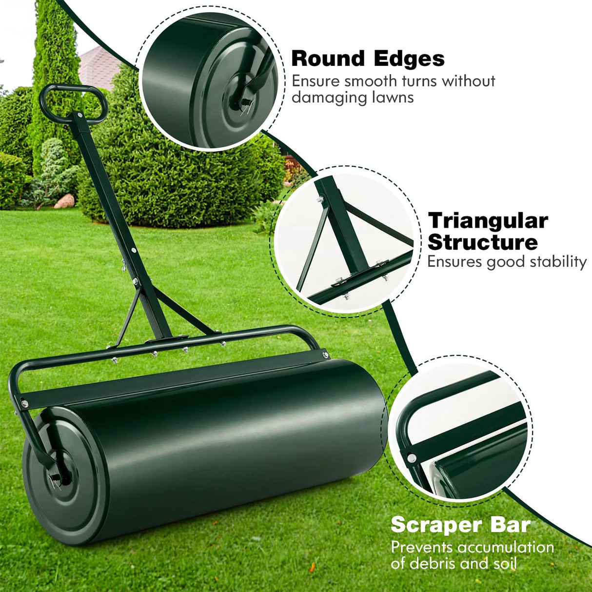 Green Lawn Roller, Push/Tow Behind Lawn Roller, 30 Gallon/113L Water Sand Filled Sod Roller Drum Roller with Detachable Gripping Handle, Yard Roller Pull Behind a Tractor for Garden Yard Park Farm