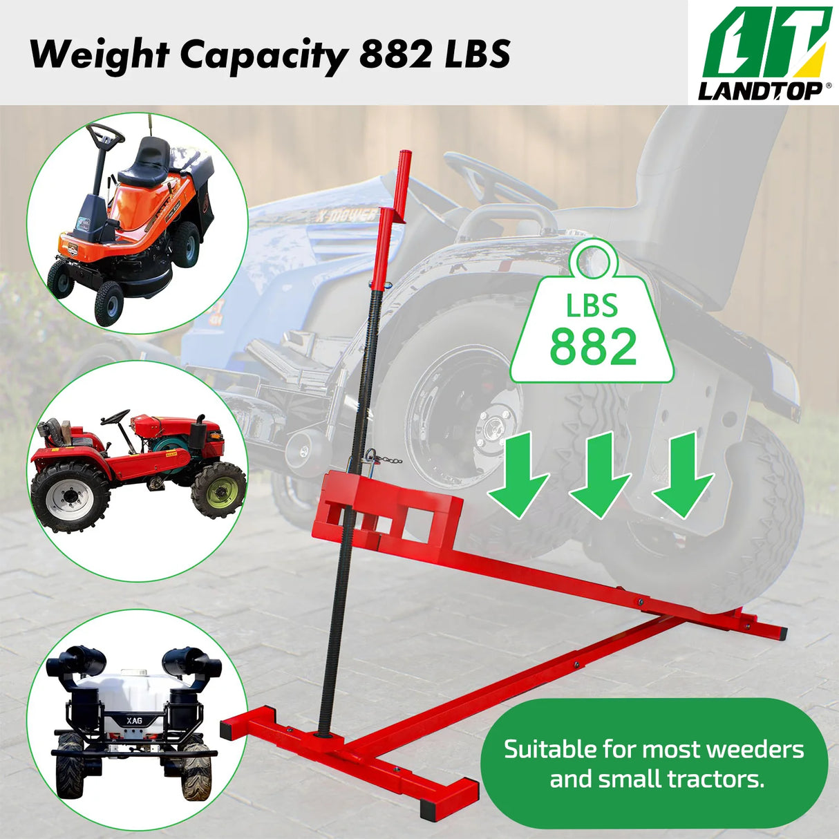 Lawn Mower Lift Jack 882 Lbs Capacity Lifting Platform Telescopic Maintenance Jack for Garden Tractors and Riding Lawn Mowers with Manual Handle & Power Tool Extension Handle, Red