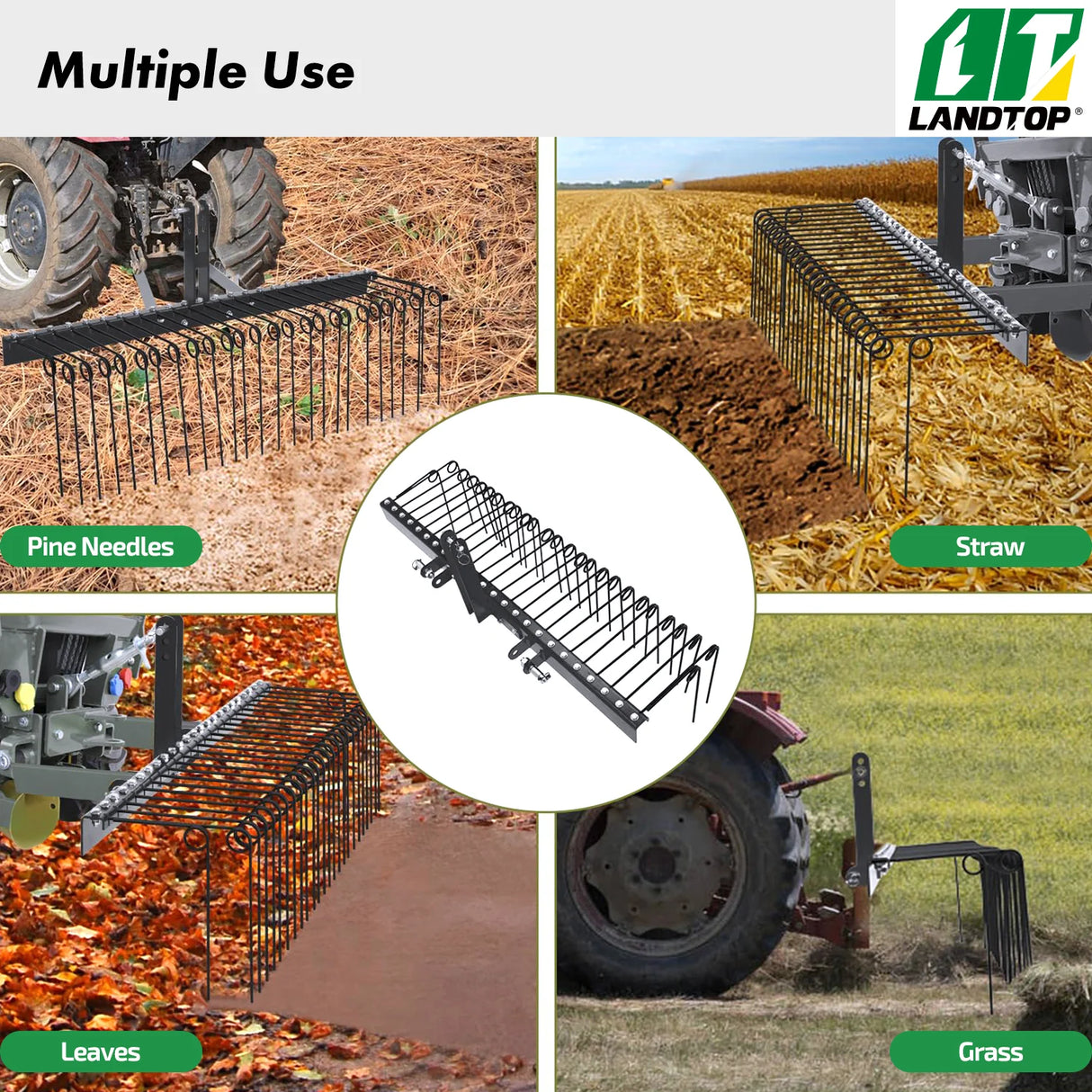 72 Inch Pine Straw Rake, 30 Coil Spring Tines Durable Powder Coated Steel Tow Behind Landscape Rake with 3 Point Hitch Receiver Attachment Fit to Cat0 Cat 1 Tractors for Leaves Grass, Black