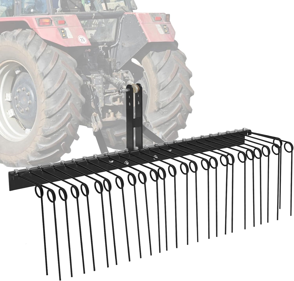 60 Inch Pine Straw Rake, 26 Coil Spring Tines Durable Powder Coated Steel Tow Behind Landscape Rake with 3 Point Hitch Receiver Attachment Fit to Cat0 Cat 1 Tractors for Leaves Grass, Black