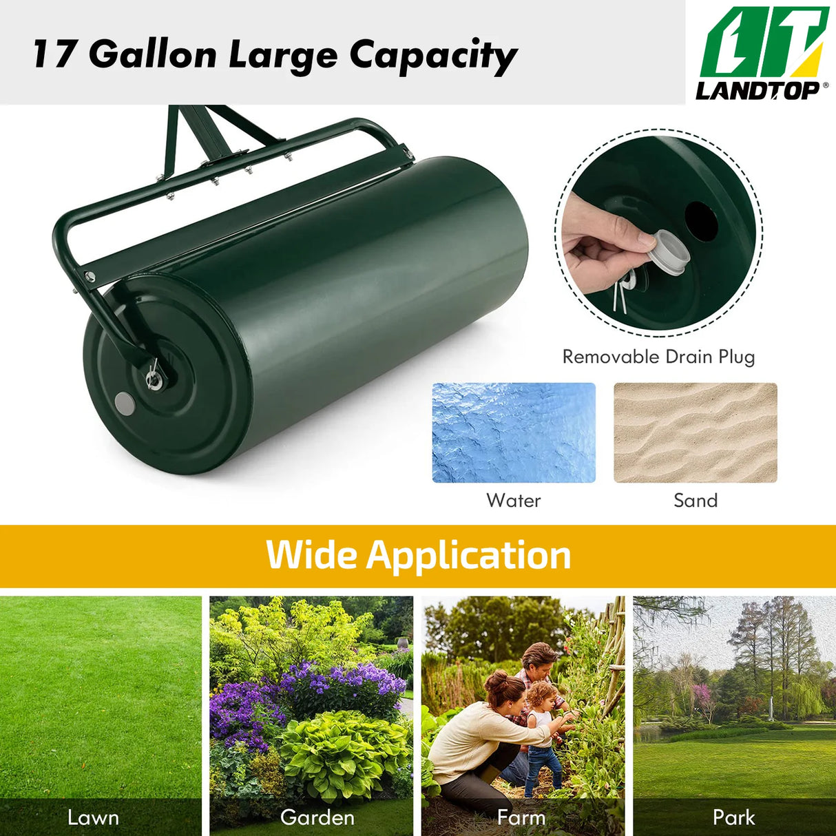 Green Lawn Roller, Push/Tow-Behind Lawn Roller, 17 Gallon/63L Water Sand Filled Sod Roller Drum Roller with Detachable Gripping Handle, Yard Roller Pull Behind a Tractor for Garden Yard Park Farm
