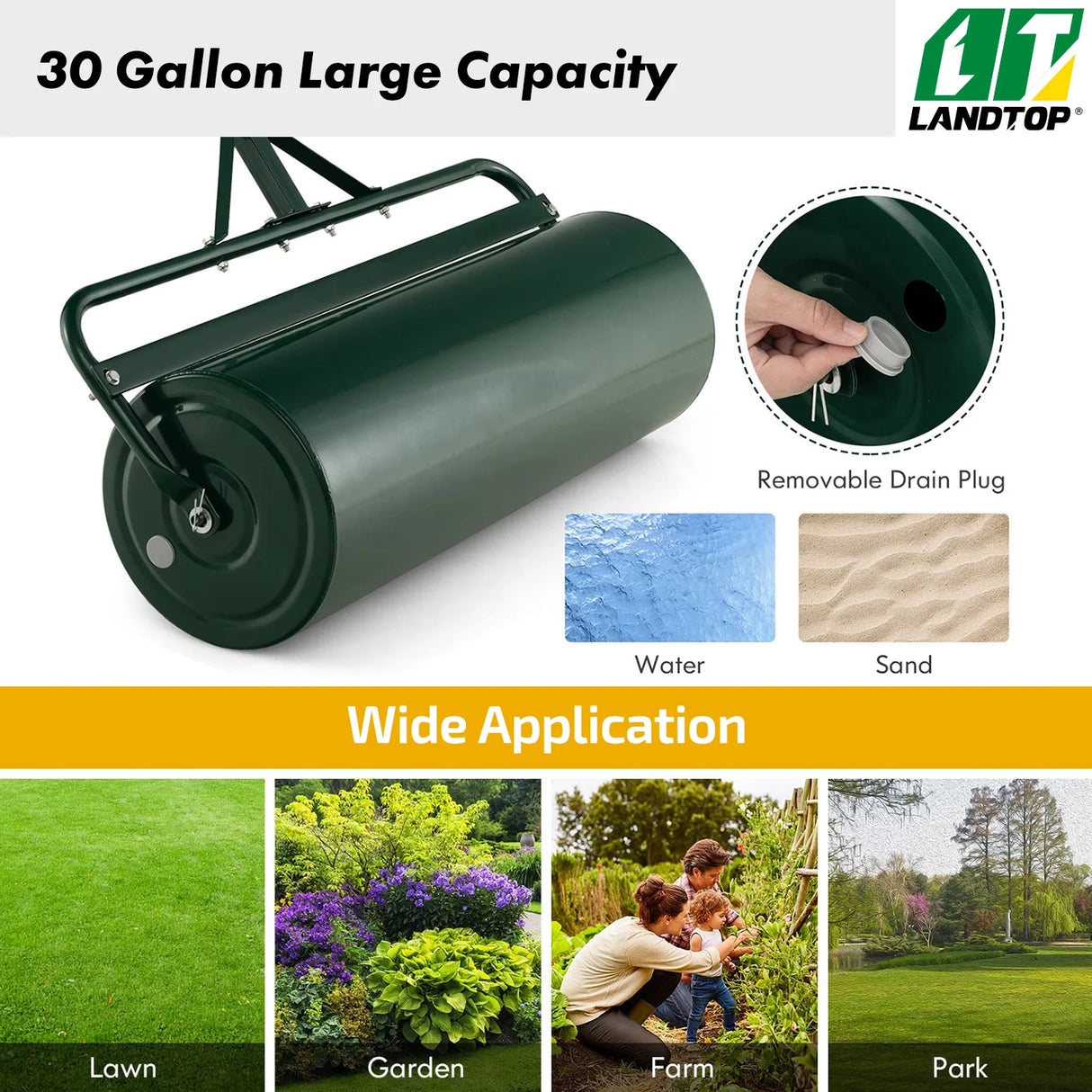 Green Lawn Roller, Push/Tow Behind Lawn Roller, 30 Gallon/113L Water Sand Filled Sod Roller Drum Roller with Detachable Gripping Handle, Yard Roller Pull Behind a Tractor for Garden Yard Park Farm