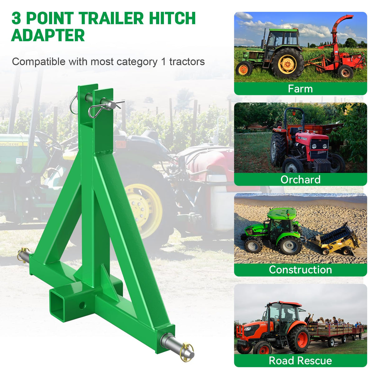 Durable 3 Point 2" Receiver Trailer Hitch Drawbar Adapter Category 1 Tractor Green (Not compatible with John Deere iMatch Quick-Hitch)