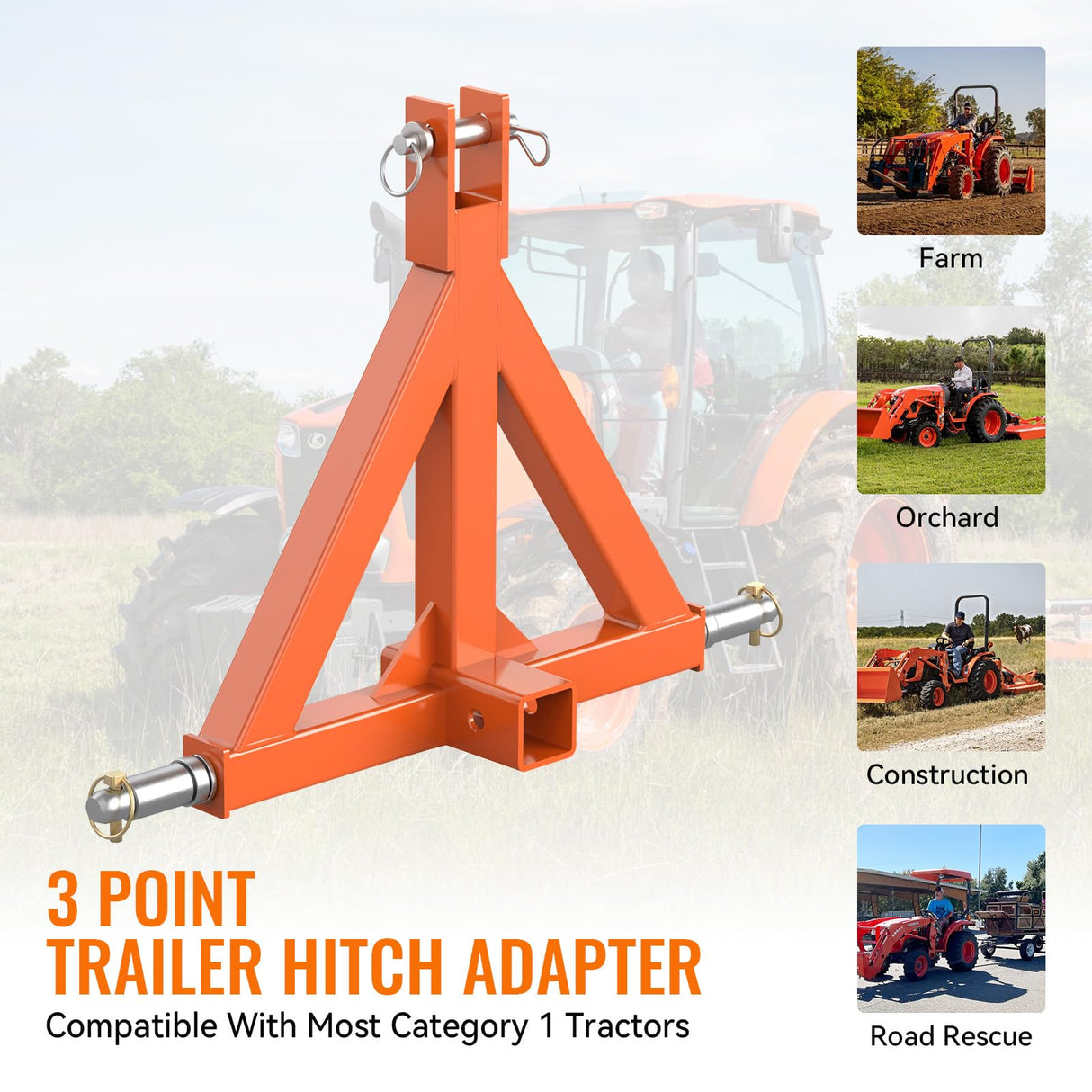 Durable 3 Point 2" Receiver Trailer Hitch Drawbar Adapter Category 1 Tractor Orange