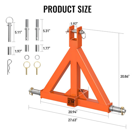 Durable 3 Point 2" Receiver Trailer Hitch Drawbar Adapter Category 1 Tractor Orange