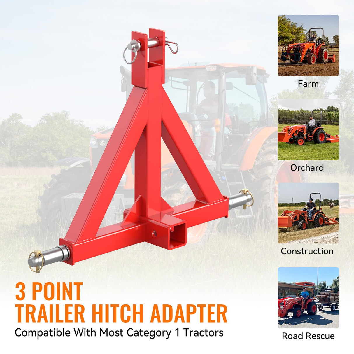 Durable 3 Point 2" Receiver Trailer Hitch Drawbar Adapter Category 1 Tractor Red