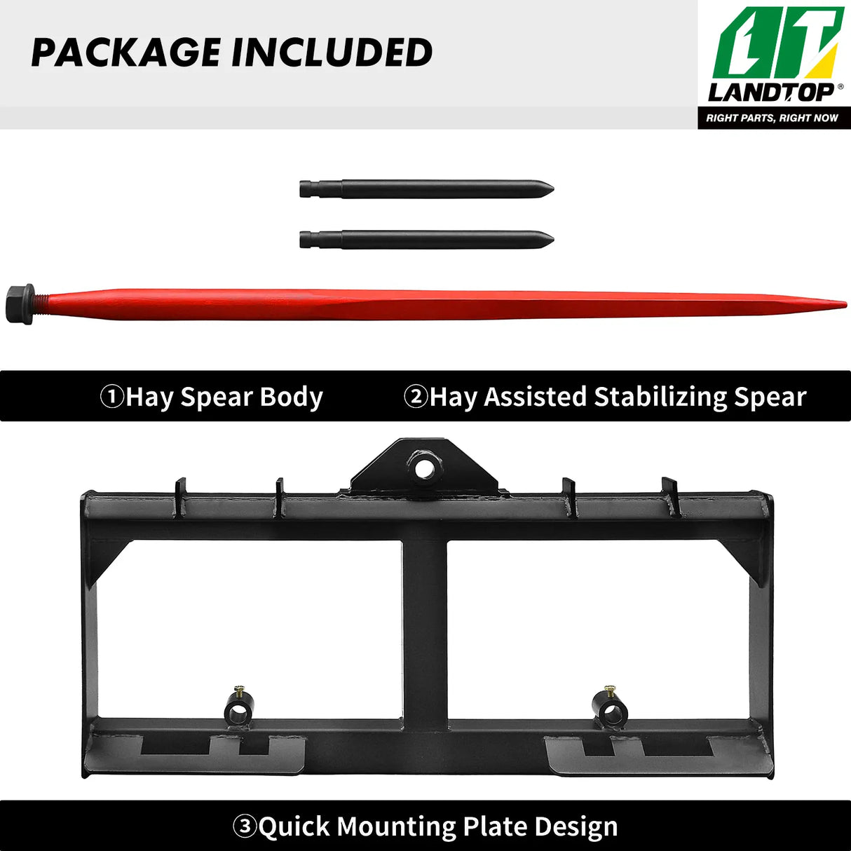 49" Hay Spear Attachment, 3000lbs Capacity Quick Attach for Bobcat Tractors & Skid Steer Loader with 1pc 49" Red Hay Spear & 2pcs 17" Black Stabilizer Spears Spike Fork Tine