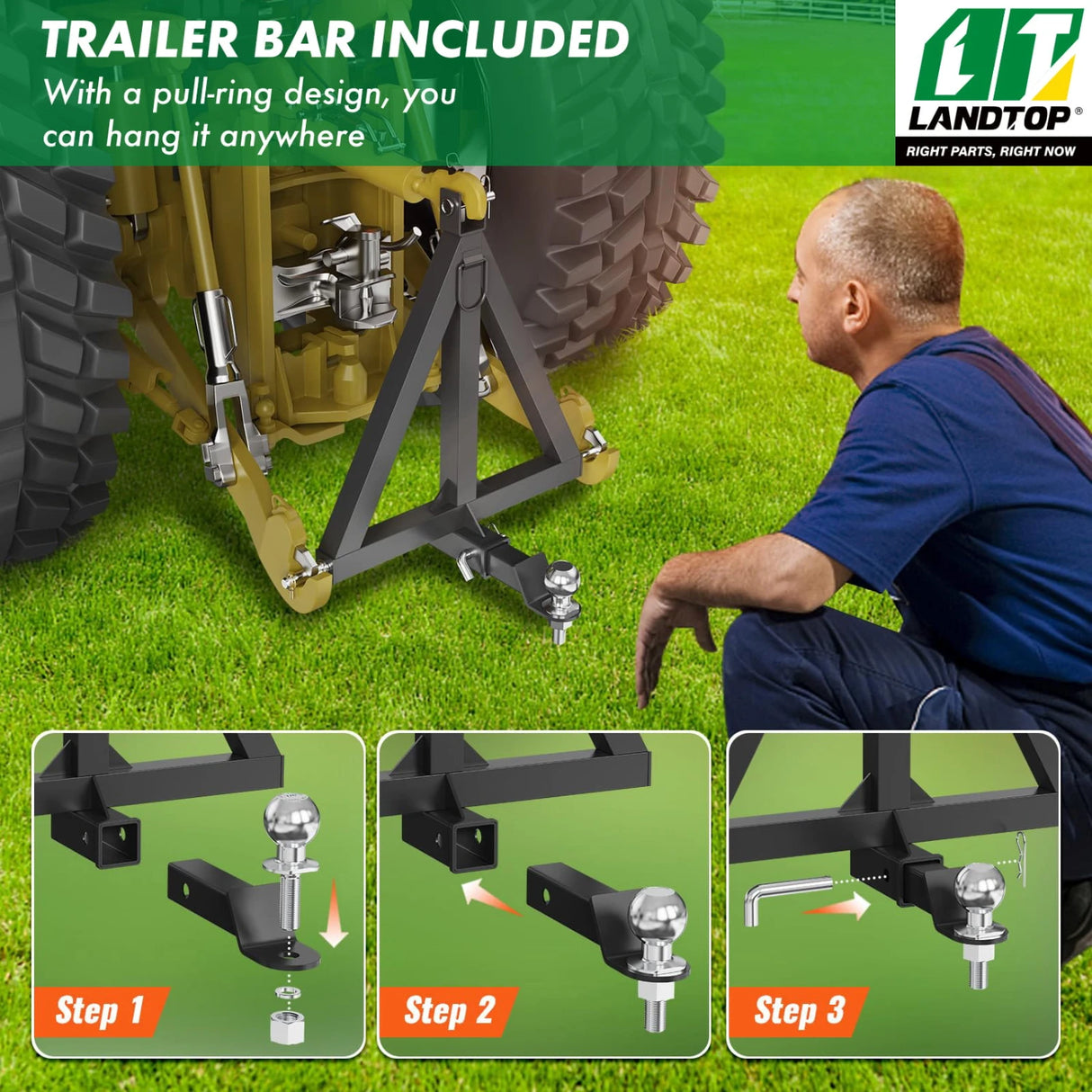 Durable Black 3 Point 2" Receiver Trailer Hitch Heavy Duty Drawbar Adapter Category 1 Tractor