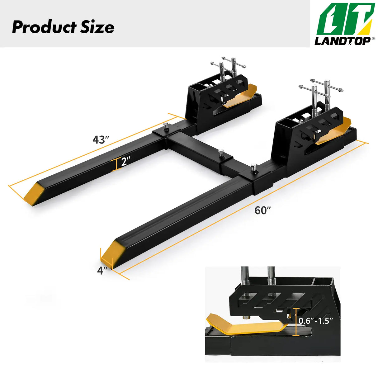 60" Heavy Duty Clamp-on Pallet Forks with Yellow Tongue and Twin Screw Design, 4000lbs Capacity, Pallet Forks with Adjustable Stabilizer Bar for Tractor Bucket Loader Skid Steer