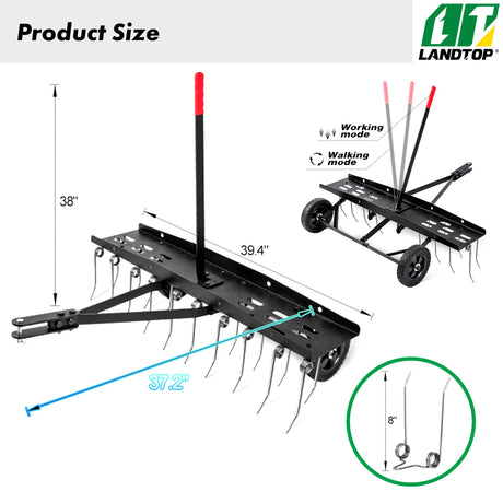 40inch Tow Behind Dethatcher with 20 Spring Steel Tines,Lawn Sweeper Garden Grass Tractor Rake Removes Thatch from Large Lawns, Riding Lawn Mower Attachments for Outdoor Yard Tools Lawn Care