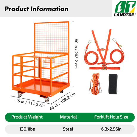 Forklift Safety Cage, 1400lbs Load Capacity, 43" x 45" Forklift Work Platform with Safety Harness & Lock, Drain Hole & Wheels & Tool Basket, Dual Nonslip Design Perfect for Aerial Work