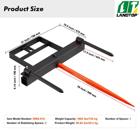 39" Hay Spear, Bale Spears 1600lbs Loading Capacity, Skid Steer Loader Tractor Bucket Attachment with 2pcs 17.5" Stabilizer Spears and 60" Chain, Quick Attach Spike Forks