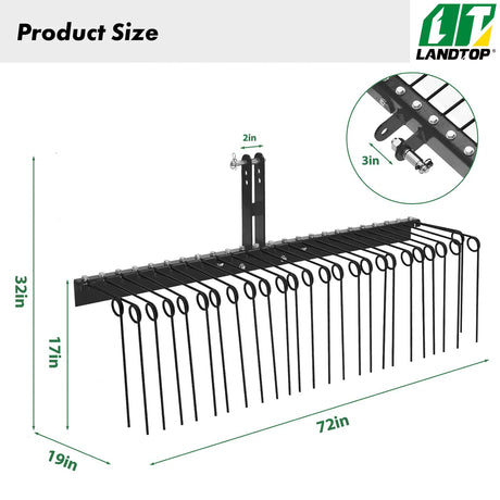 72 Inch Pine Straw Rake, 30 Coil Spring Tines Durable Powder Coated Steel Tow Behind Landscape Rake with 3 Point Hitch Receiver Attachment Fit to Cat0 Cat 1 Tractors for Leaves Grass, Black