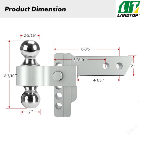 Adjustable Trailer Hitch, Fits 2" Receiver, 4" Drop Hitch, Aluminum Tow Hitch, Ball Mount, 2 and 2-5/16" Combo Stainless Steel Tow Balls with Double Key Locks, Silver