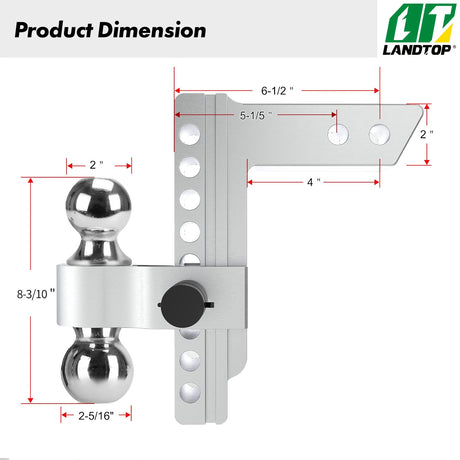 Adjustable Trailer Hitch, Fits 2-Inch Receiver, 8-Inch Drop/Rise Aluminum Drop Hitch, 10,000 LBS GTW-Tow Hitch for Heavy Duty Truck with Double Stainless Steel Locks, Silver,