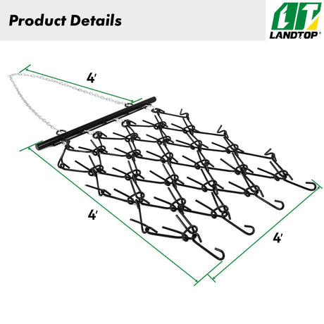 Heavy Duty Drag Harrow 4'W x 4'L, 3/8in Tines for ATV, UTVs, Lawn Tractors Leveling, Grading, Pastures, Breaking up Soil