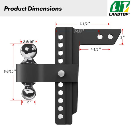 Adjustable Trailer Hitch, Fits 2-Inch Receiver, 10-Inch Drop Hitch, Aluminum Tow Hitch, Ball Mount, 2 and 2-5/16 inch Combo Stainless Steel Tow Balls with Double Key Locks, Black