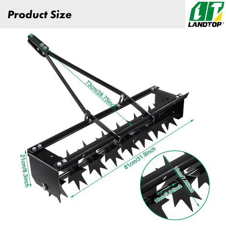 32 Inch Tow Behind Spike Aerator Soil Penetrator Spikes Tractor with Galvanized Steel Tines and Wide Tow Bar Black Lawn Aerator for Home Yard Farm Use
