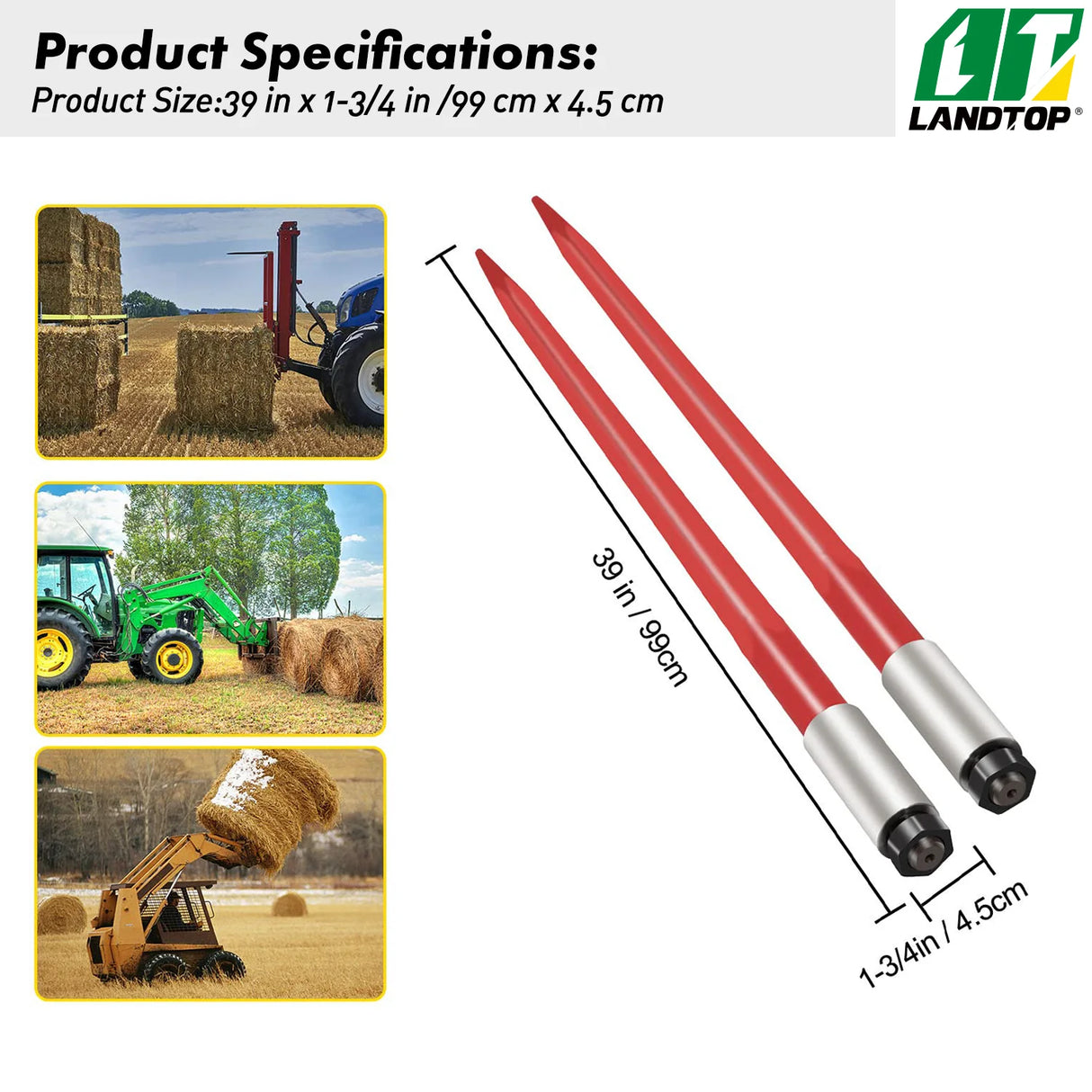 Pair Hay Spear 39" Bale Spear 3000 lbs Capacity, Bale Spike Quick Attach Square Hay Bale Spears 1 3/4", Red Coated Bale Forks, Bale Hay Spike with Hex Nut & Sleeve for Buckets Tractors Loaders