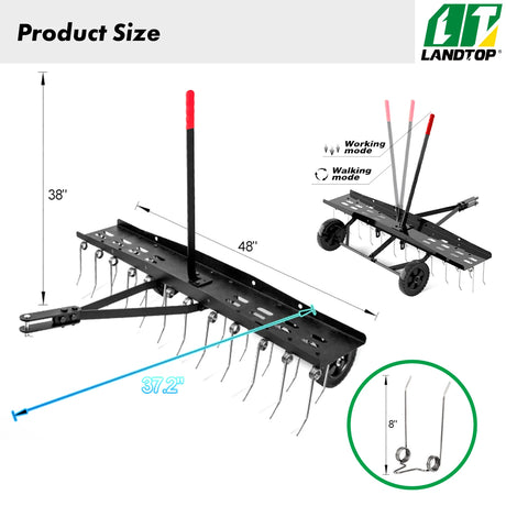 48inch Tow Behind Dethatcher with 24 Spring Steel Tines,Lawn Sweeper Garden Grass Tractor Rake Removes Thatch from Large Lawns, Riding Lawn Mower Attachments for Outdoor Yard Tools Lawn Care