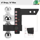 Adjustable Trailer Hitch, Fits 2-Inch Receiver, 6-Inch Drop Hitch, Aluminum Tow Hitch, Ball Mount, 2 and 2-5/16 inch Combo Stainless Steel Tow Balls with Double Key Locks, Black