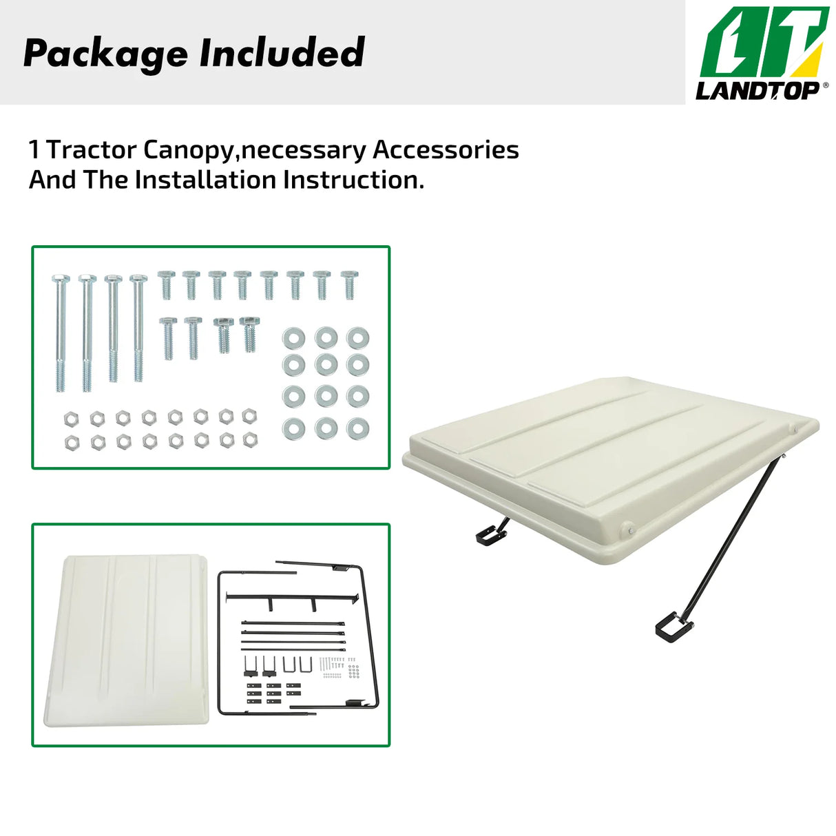 White Tractor Canopy Compatible with John Deere Compact Utility Tractors with ROPS 34" Wide or Less. Fit 1 1/2" x 3", 2" x 2" or 2" x 3" ROPS Sun Shade Canopy with Bracket 36" W x 40" L