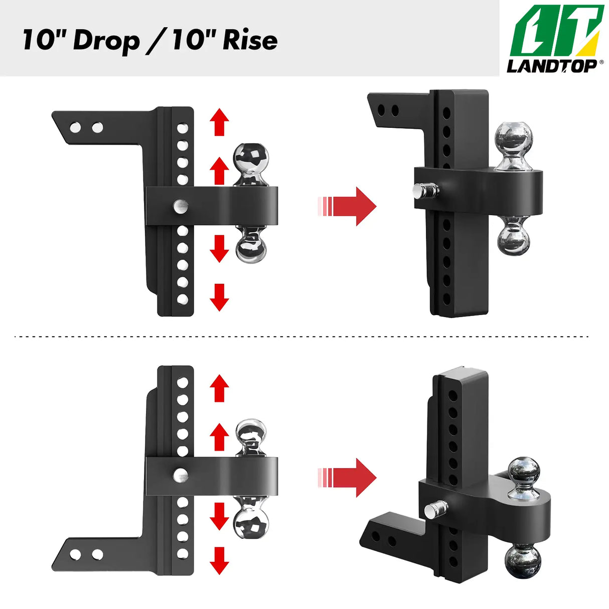 Adjustable Trailer Hitch, Fits 2-Inch Receiver, 10-Inch Drop Hitch, Aluminum Tow Hitch, Ball Mount, 2 and 2-5/16 inch Combo Stainless Steel Tow Balls with Double Key Locks, Black