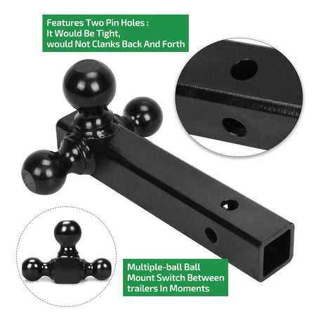 Trailer Hitch Tri Ball Mount for 2 inch Receiver Triple Ball Trailer Towing (1-7/8",2"&2-5/16") Black Powder Coated,Hollow Shank