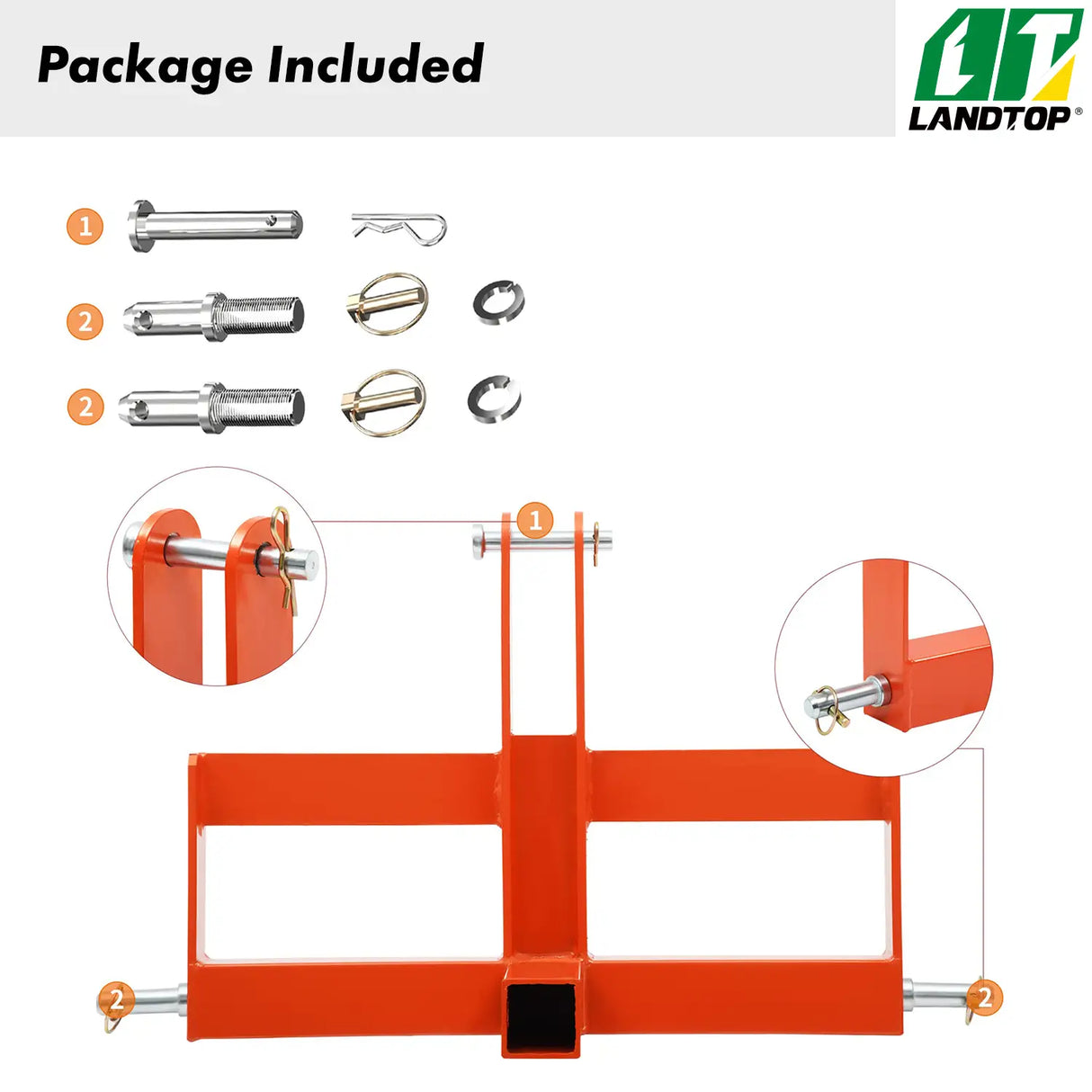 3 Point Hitch Receiver for Category 1, 2" Receiver Tractor Drawbar Attachments with Suitcase Weight Brackets, Orange