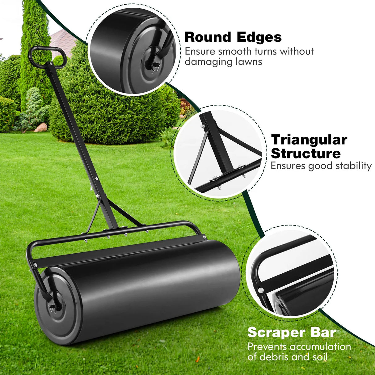 Black Lawn Roller, Push/Tow-Behind Lawn Roller, 17 Gallon/63L Water Sand Filled Sod Roller Drum Roller with Detachable Gripping Handle, Yard Roller Pull Behind a Tractor for Garden Yard Park Farm