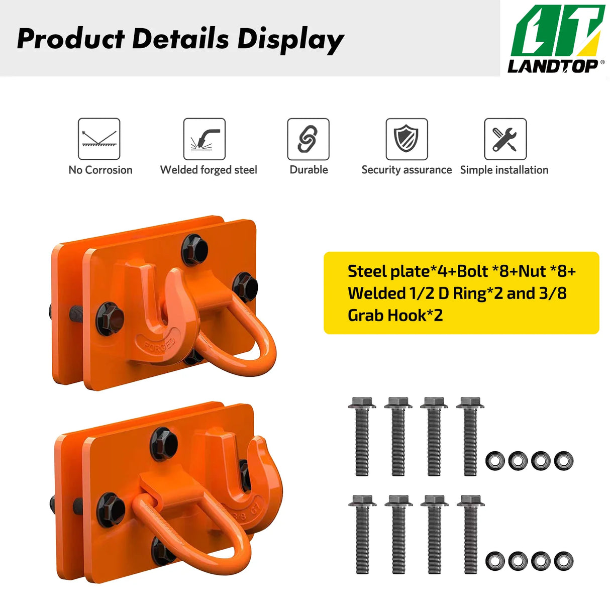 2 Pack Tractor Bucket Hooks with Tie Down Ring, Grade 70 Forged Steel Bolt On Grab Hook Tow Hook Mount with Backer Plate, Work Well for Tractor Bucket, RV, UTV, Truck, Max 15,001 lbs Orange