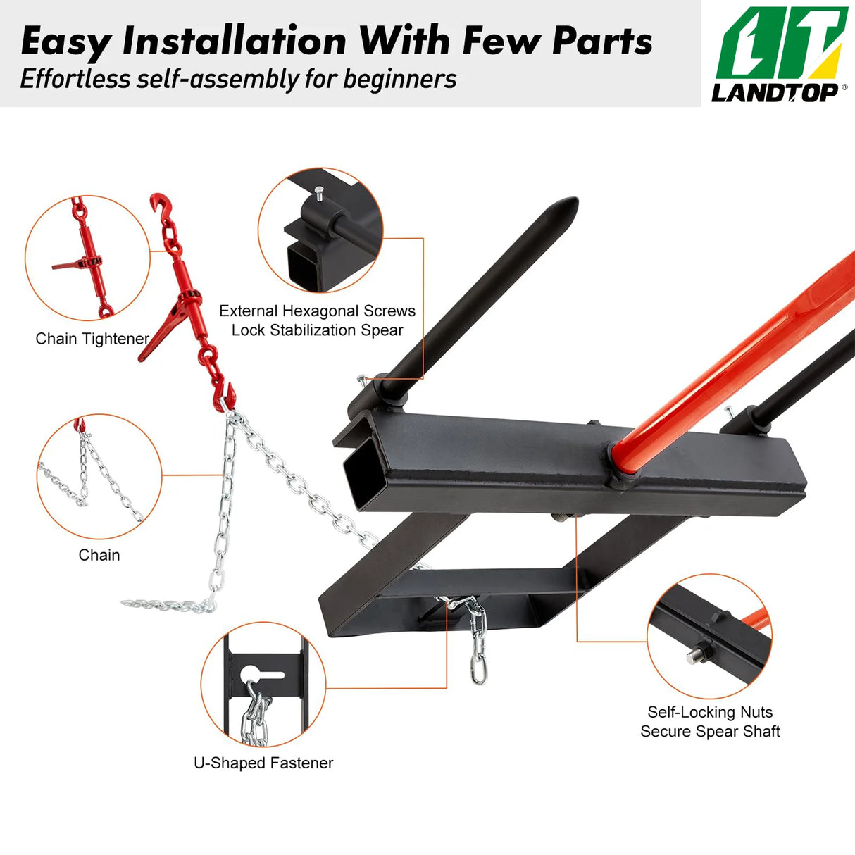 39" Hay Spear, Bale Spears 1600lbs Loading Capacity, Skid Steer Loader Tractor Bucket Attachment with 2pcs 17.5" Stabilizer Spears and 60" Chain, Quick Attach Spike Forks