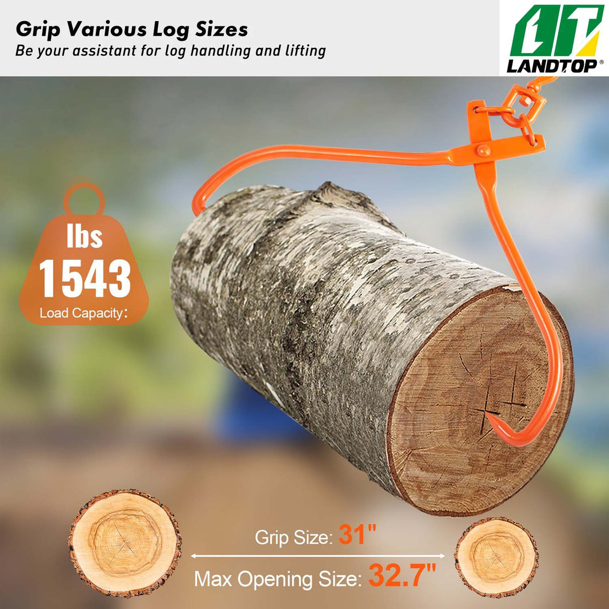 Log Skidding Tongs, 32 inch 2 Claw Log Lifting Tongs, Heavy Duty Rotating Steel Lumber Skidding Tongs, 1543 lbs/700 kg Loading Capacity, Log Lifting, Handling, Dragging & Carrying Tool