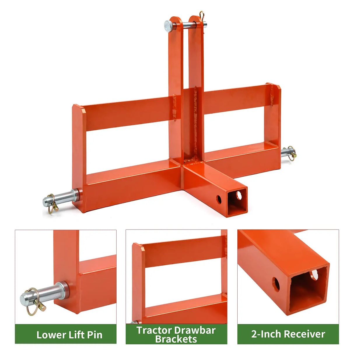 3 Point Hitch Receiver for Category 1, 2" Receiver Tractor Drawbar Attachments with Suitcase Weight Brackets, Orange