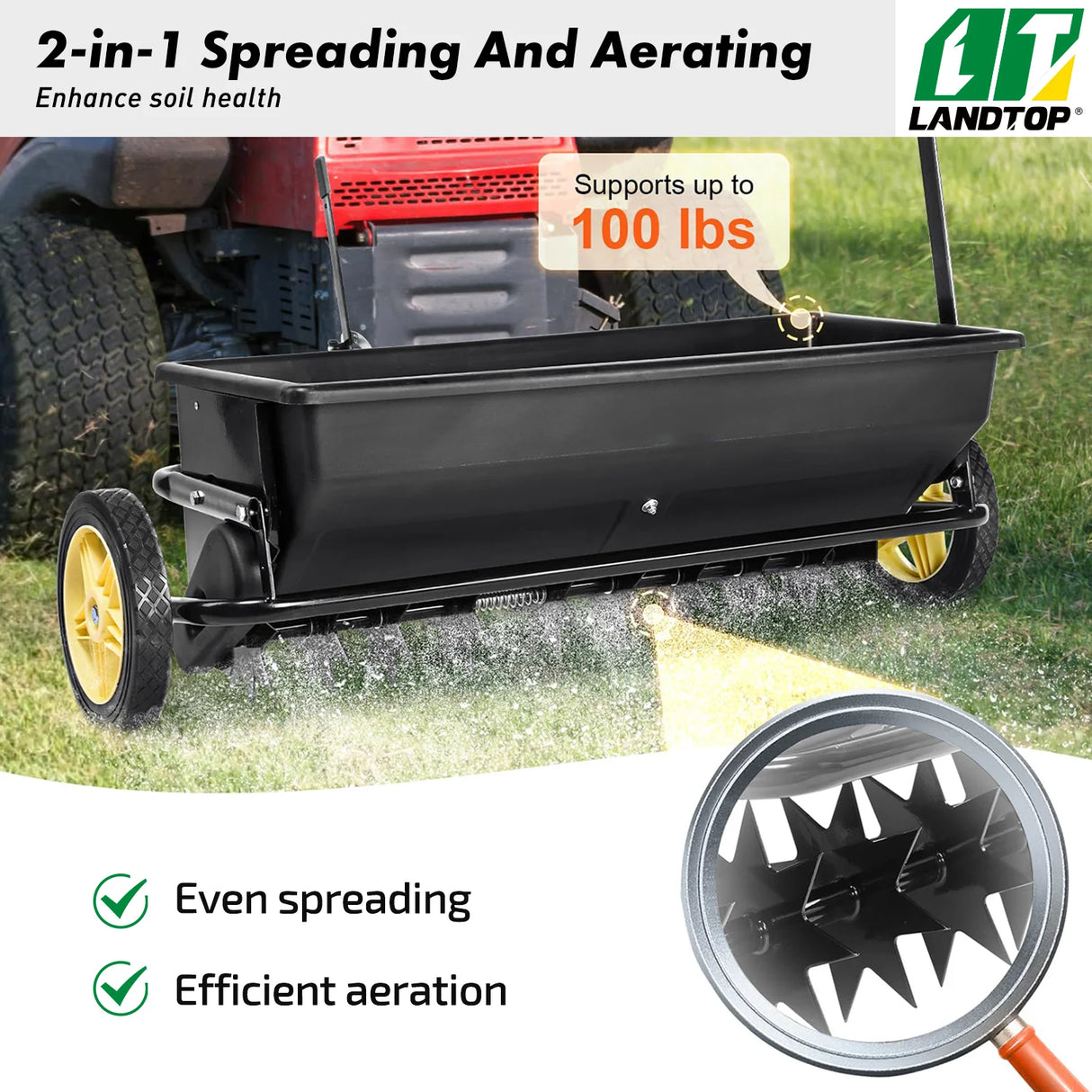 Broadcast Spreader, 100 LB Tow Behind Poly Drop Spreader with 10" Wheels, Steel Spike Aerator, Fertilizer Spreader, Garden Seeder, and Salt Spreader, for Residential, Farm, Tough Terrain, Black