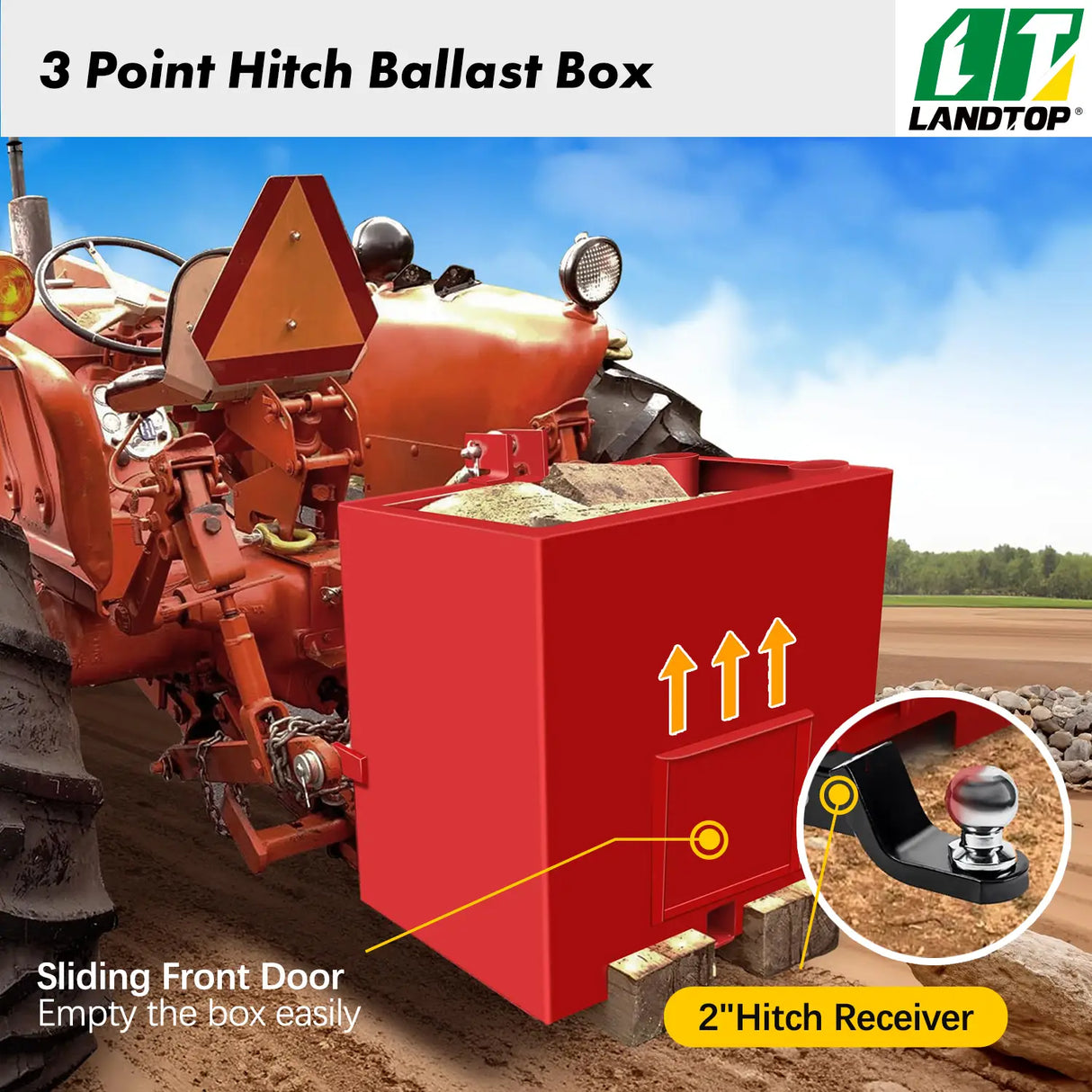 Red 800 lbs 3 Point Hitch Tractor Ballast Box Fits Category 1 Tractors Attachment with 2" Quick Hitch Receiver