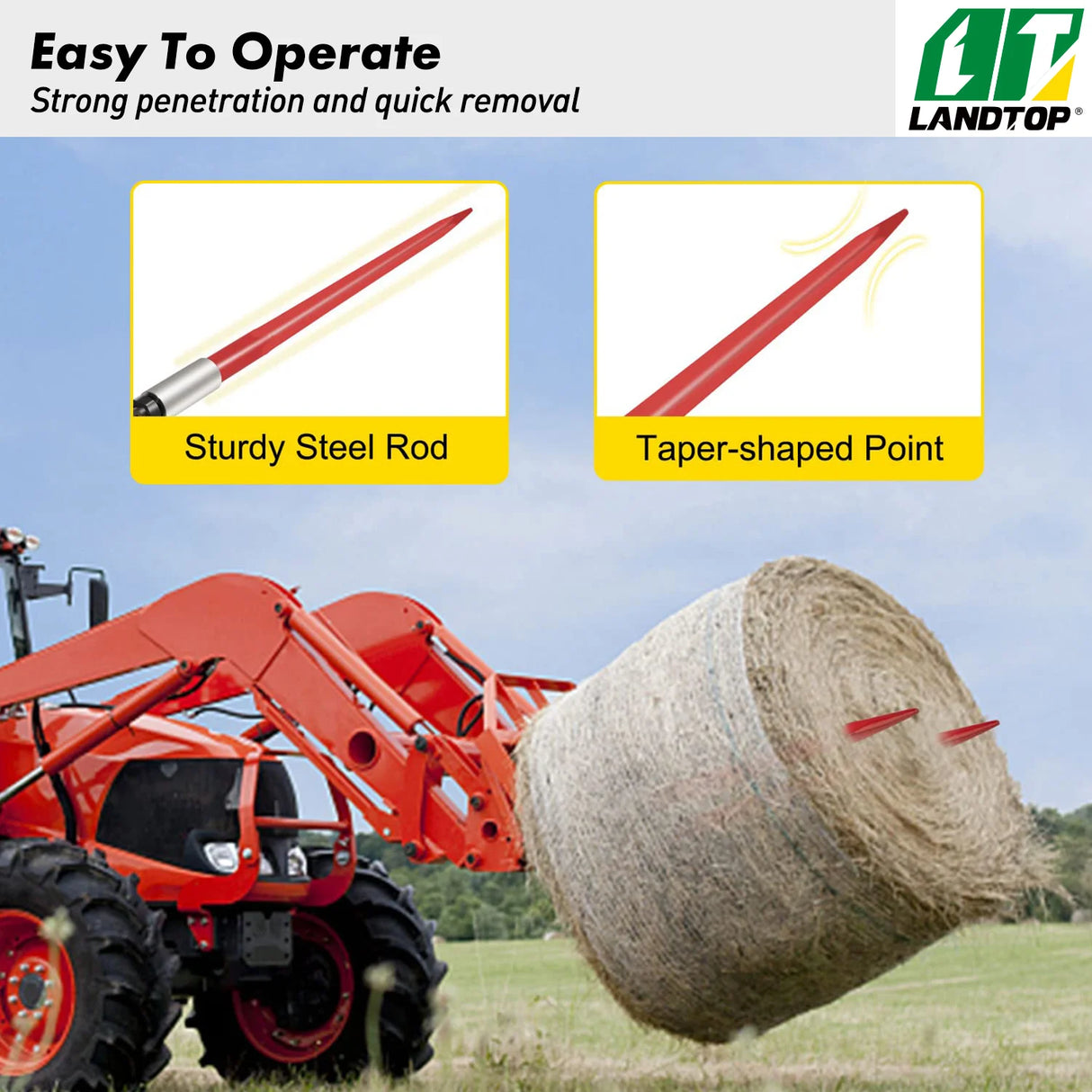 Pair Hay Spear 39" Bale Spear 3000 lbs Capacity, Bale Spike Quick Attach Square Hay Bale Spears 1 3/4", Red Coated Bale Forks, Bale Hay Spike with Hex Nut & Sleeve for Buckets Tractors Loaders