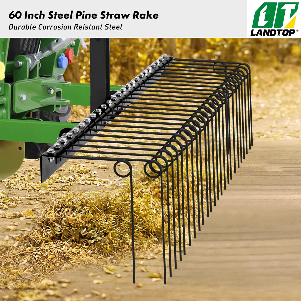 60 Inch Pine Straw Rake, 26 Coil Spring Tines Durable Powder Coated Steel Tow Behind Landscape Rake with 3 Point Hitch Receiver Attachment Fit to Cat0 Cat 1 Tractors for Leaves Grass, Black