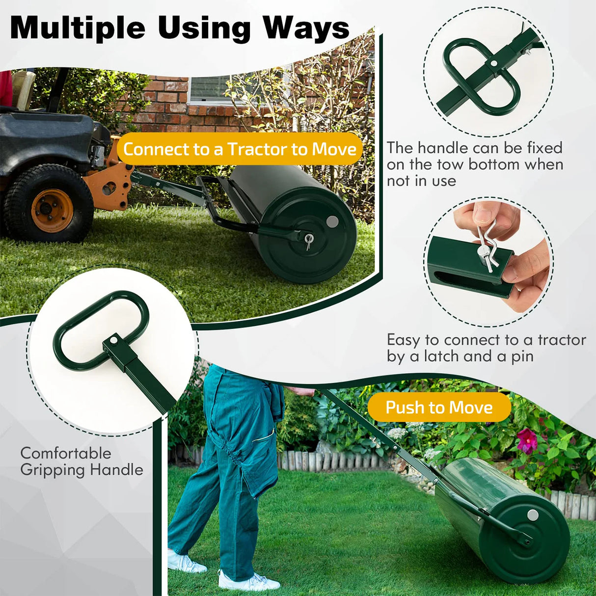 Green Lawn Roller, Push/Tow Behind Lawn Roller, 30 Gallon/113L Water Sand Filled Sod Roller Drum Roller with Detachable Gripping Handle, Yard Roller Pull Behind a Tractor for Garden Yard Park Farm