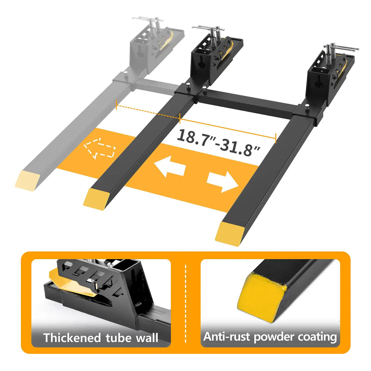 60" Heavy Duty Clamp-on Pallet Forks with Yellow Tongue and Twin Screw Design, 4000lbs Capacity, Pallet Forks with Adjustable Stabilizer Bar for Tractor Bucket Loader Skid Steer