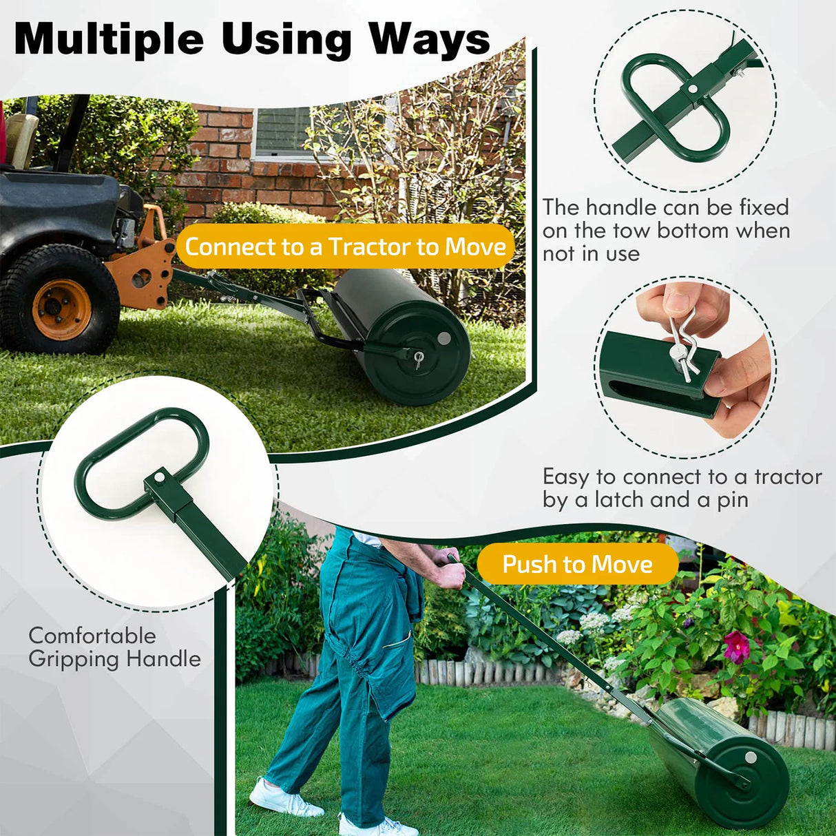 Green Lawn Roller, Push/Tow-Behind Lawn Roller, 17 Gallon/63L Water Sand Filled Sod Roller Drum Roller with Detachable Gripping Handle, Yard Roller Pull Behind a Tractor for Garden Yard Park Farm