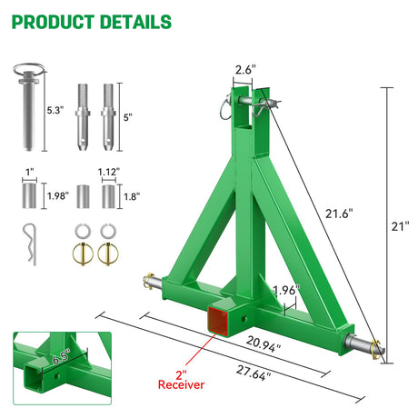 Durable Green 3 Point 2" Receiver Trailer Hitch Heavy Duty Drawbar Adapter Category 1 Tractor