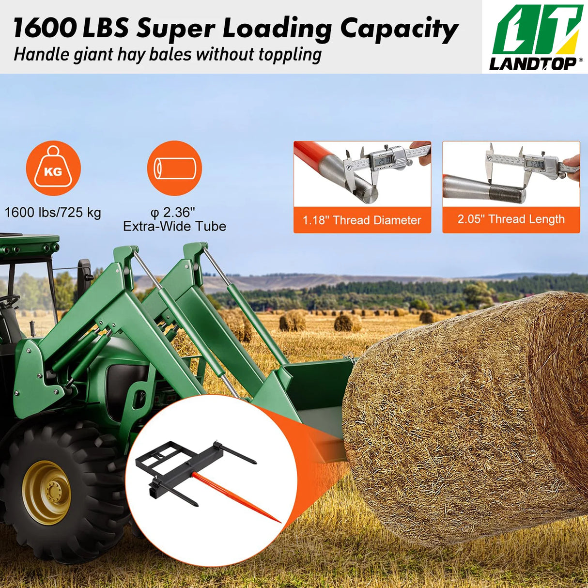 39" Hay Spear, Bale Spears 1600lbs Loading Capacity, Skid Steer Loader Tractor Bucket Attachment with 2pcs 17.5" Stabilizer Spears and 60" Chain, Quick Attach Spike Forks