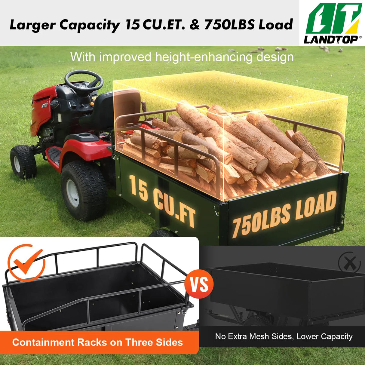 Heavy Duty ATV Trailer Steel Dump Cart Tow Behind, 750 lbs 15 Cubic Feet, Garden Utility Trailer Yard Trailers with Removable Sides for Riding Lawn Mower Tractor