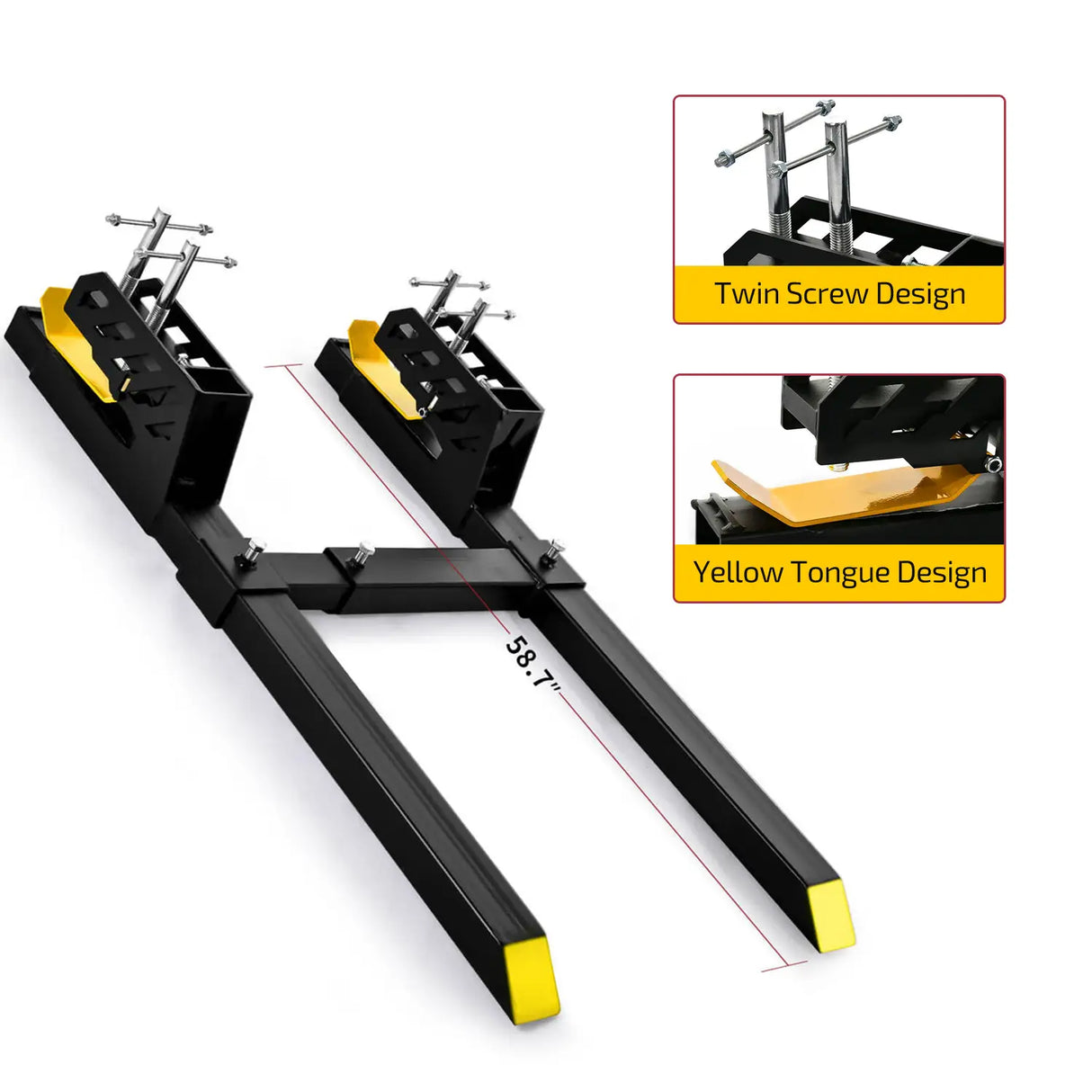 60" Heavy Duty Clamp-on Pallet Forks with Yellow Tongue and Twin Screw Design, 4000lbs Capacity, Pallet Forks with Adjustable Stabilizer Bar for Tractor Bucket Loader Skid Steer