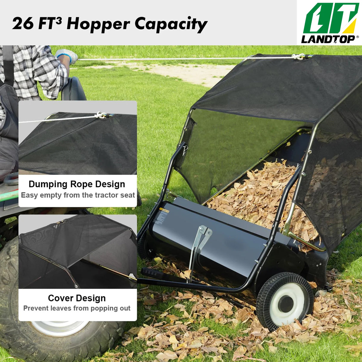 Tow Behind Lawn Sweeper 48.5 Inch, 26 cu. ft Large Capacity, Dumping Rope Design & Heavy Duty Leaf Collector with Adjustable Sweeping Height for Picking up Debris and Grass, 50", Black
