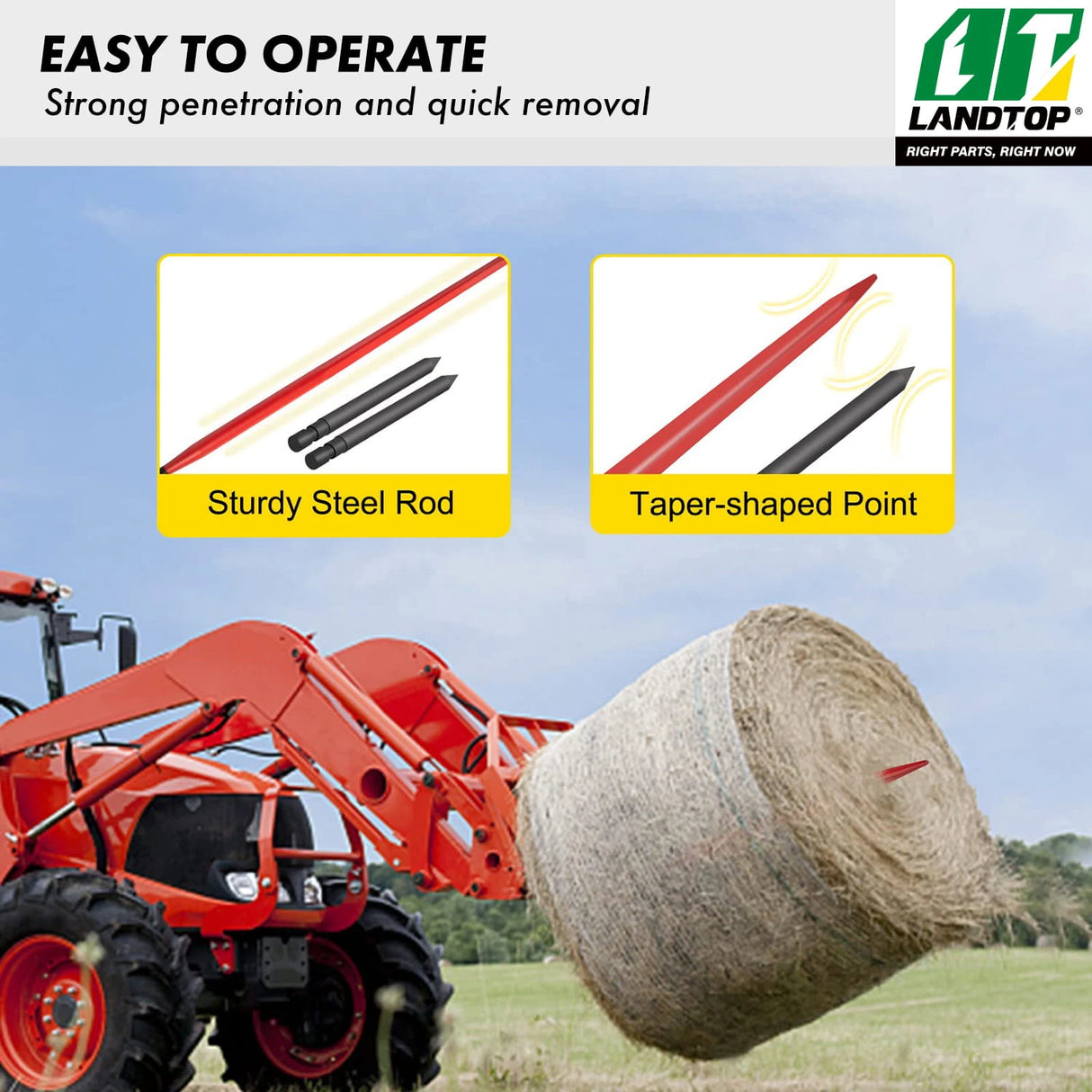 49" Hay Spears, 3000 Lbs Capacity Quick Attach Square Hay Bale Spear with 2 Stabilizer Spears